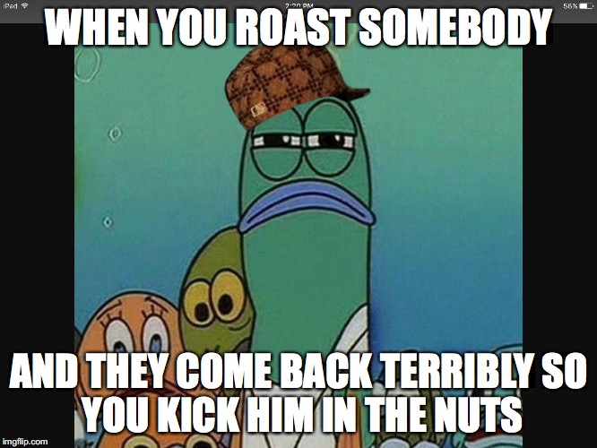 SpongeBob meme | WHEN YOU ROAST SOMEBODY; AND THEY COME BACK TERRIBLY
SO YOU KICK HIM IN THE NUTS | image tagged in spongebob meme,scumbag | made w/ Imgflip meme maker