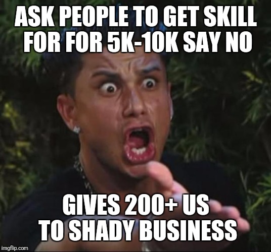 DJ Pauly D Meme | ASK PEOPLE TO GET SKILL FOR FOR 5K-10K SAY NO; GIVES 200+ US TO SHADY BUSINESS | image tagged in memes,dj pauly d | made w/ Imgflip meme maker