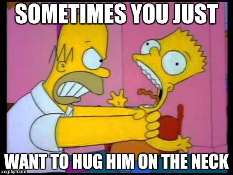 Homer chokes bart | SOMETIMES YOU JUST; WANT TO HUG HIM ON THE NECK | image tagged in homer chokes bart | made w/ Imgflip meme maker