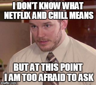 we all know what it means | I DON'T KNOW WHAT NETFLIX AND CHILL MEANS; BUT AT THIS POINT I AM TOO AFRAID TO ASK | image tagged in memes,afraid to ask andy closeup,netflix and chill,netflix,afraid to ask andy,and i'm too afraid to ask andy | made w/ Imgflip meme maker