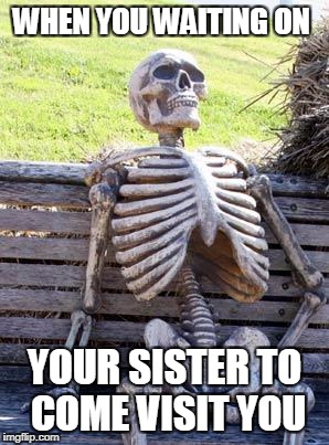 Waiting Skeleton Meme | WHEN YOU WAITING ON; YOUR SISTER TO COME VISIT YOU | image tagged in memes,waiting skeleton | made w/ Imgflip meme maker