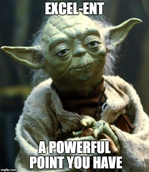 Star Wars Yoda Meme | EXCEL-ENT A POWERFUL POINT YOU HAVE | image tagged in memes,star wars yoda | made w/ Imgflip meme maker