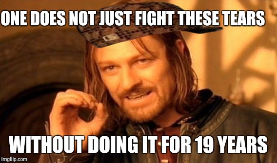 One Does Not Simply | ONE DOES NOT JUST FIGHT THESE TEARS; WITHOUT DOING IT FOR 19 YEARS | image tagged in memes,one does not simply,scumbag | made w/ Imgflip meme maker