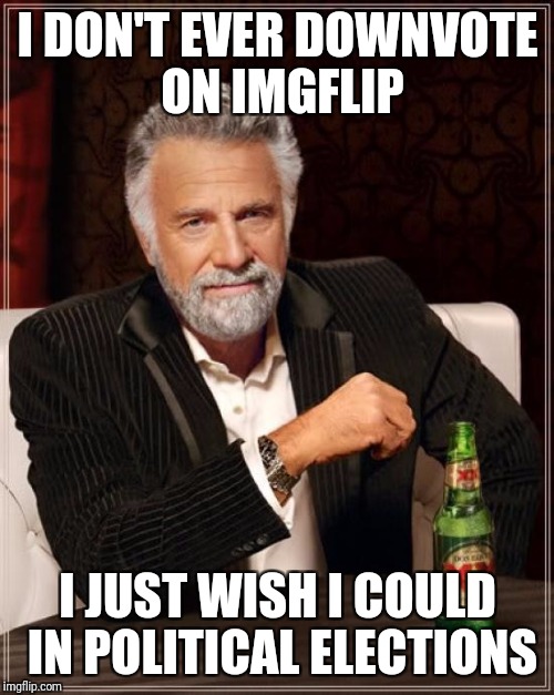 The Most Interesting Man In The World Meme | I DON'T EVER DOWNVOTE ON IMGFLIP I JUST WISH I COULD IN POLITICAL ELECTIONS | image tagged in memes,the most interesting man in the world | made w/ Imgflip meme maker