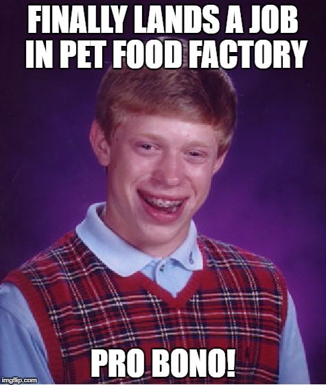 Bad Luck Brian Meme | FINALLY LANDS A JOB IN PET FOOD FACTORY PRO BONO! | image tagged in memes,bad luck brian | made w/ Imgflip meme maker