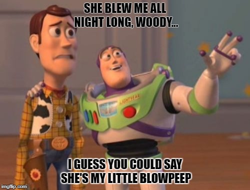 X, X Everywhere Meme | SHE BLEW ME ALL NIGHT LONG, WOODY... I GUESS YOU COULD SAY SHE'S MY LITTLE BLOWPEEP | image tagged in memes,x x everywhere | made w/ Imgflip meme maker
