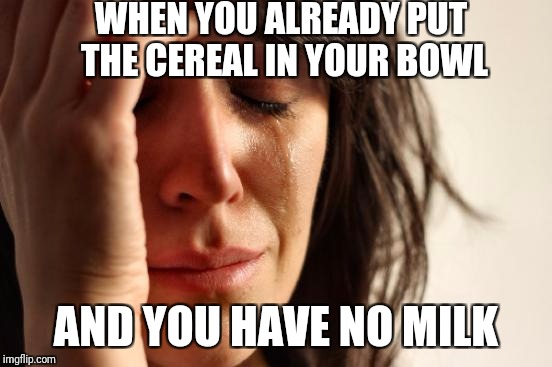 First World Problems Meme | WHEN YOU ALREADY PUT THE CEREAL IN YOUR BOWL; AND YOU HAVE NO MILK | image tagged in memes,first world problems | made w/ Imgflip meme maker