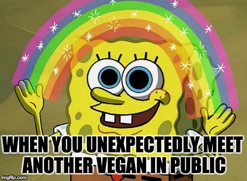 Imagination Spongebob Meme | WHEN YOU UNEXPECTEDLY MEET ANOTHER VEGAN IN PUBLIC | image tagged in memes,imagination spongebob | made w/ Imgflip meme maker