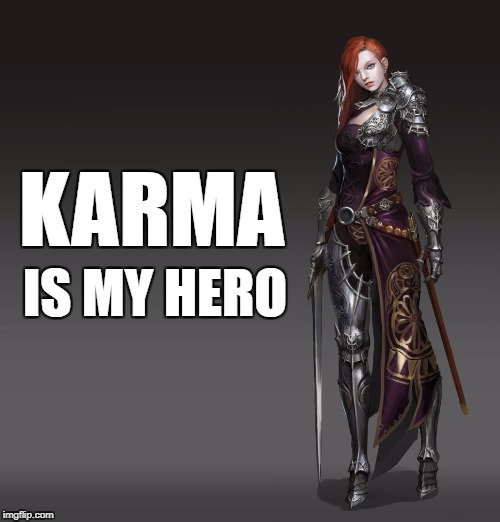 Karma Is my Hero | KARMA; IS MY HERO | image tagged in karma,hero,bitch,female | made w/ Imgflip meme maker