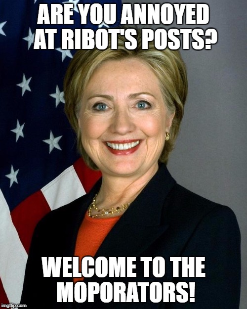 Hillary Clinton Meme | ARE YOU ANNOYED AT RIBOT'S POSTS? WELCOME TO THE MOPORATORS! | image tagged in memes,hillary clinton | made w/ Imgflip meme maker