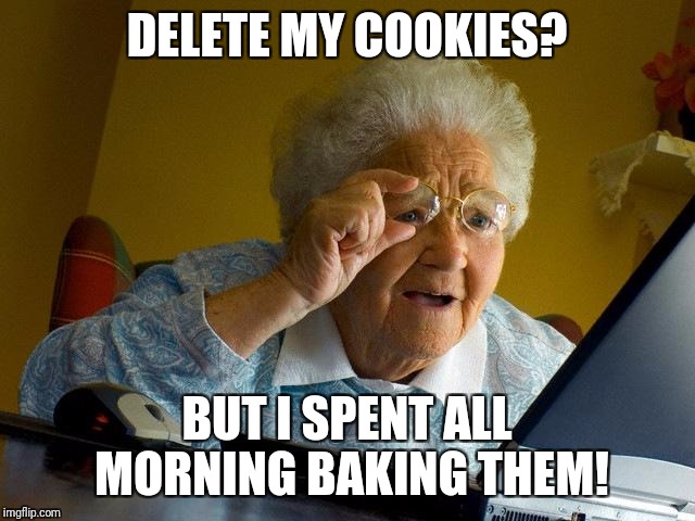 Grandma Finds The Internet | DELETE MY COOKIES? BUT I SPENT ALL MORNING BAKING THEM! | image tagged in memes,grandma finds the internet | made w/ Imgflip meme maker