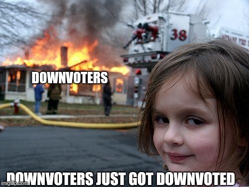 Disaster Girl Meme | DOWNVOTERS DOWNVOTERS JUST GOT DOWNVOTED | image tagged in memes,disaster girl | made w/ Imgflip meme maker
