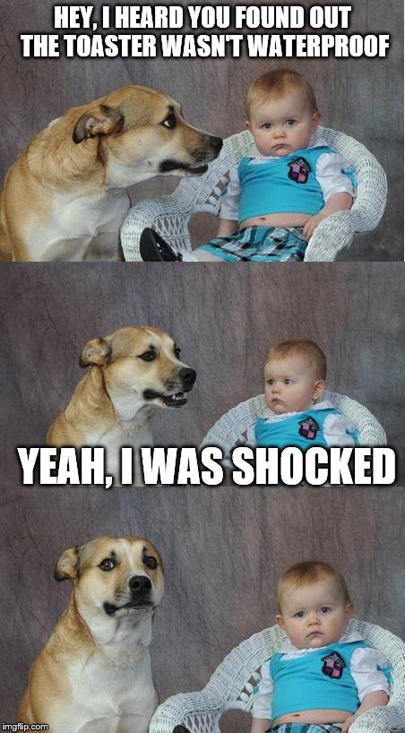 Bad joke dog | HEY, I HEARD YOU FOUND OUT THE TOASTER WASN'T WATERPROOF; YEAH, I WAS SHOCKED | image tagged in bad joke dog | made w/ Imgflip meme maker