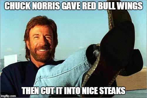 Chuck Norris Says | CHUCK NORRIS GAVE RED BULL WINGS; THEN CUT IT INTO NICE STEAKS | image tagged in chuck norris says,red bull,funny memes,steak dinner,wings | made w/ Imgflip meme maker