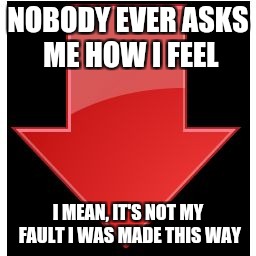 downvotes | NOBODY EVER ASKS ME HOW I FEEL; I MEAN, IT'S NOT MY FAULT I WAS MADE THIS WAY | image tagged in downvotes | made w/ Imgflip meme maker