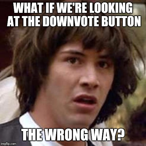 Conspiracy Keanu Meme | WHAT IF WE'RE LOOKING AT THE DOWNVOTE BUTTON; THE WRONG WAY? | image tagged in memes,conspiracy keanu | made w/ Imgflip meme maker