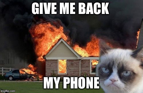 Burn Kitty |  GIVE ME BACK; MY PHONE | image tagged in memes,burn kitty,grumpy cat | made w/ Imgflip meme maker