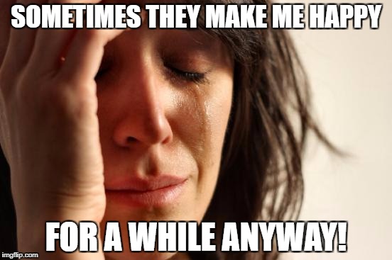 First World Problems Meme | SOMETIMES THEY MAKE ME HAPPY FOR A WHILE ANYWAY! | image tagged in memes,first world problems | made w/ Imgflip meme maker