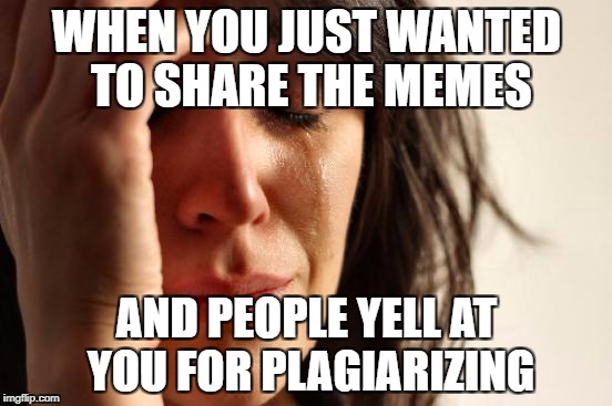 First World Problems | WHEN YOU JUST WANTED TO SHARE THE MEMES; AND PEOPLE YELL AT YOU FOR PLAGIARIZING | image tagged in memes,first world problems | made w/ Imgflip meme maker