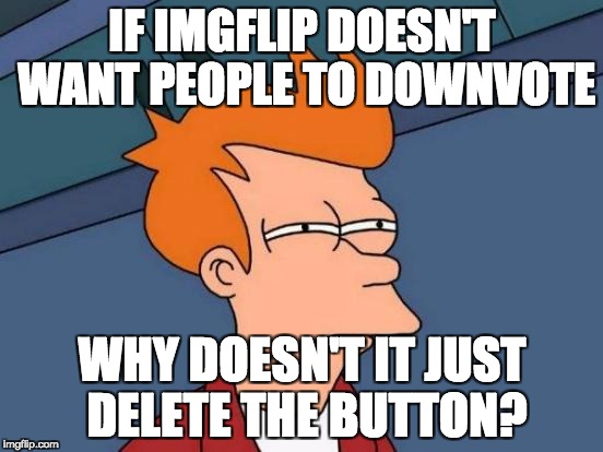 upvote to make imgflip give it a try | IF IMGFLIP DOESN'T WANT PEOPLE TO DOWNVOTE; WHY DOESN'T IT JUST DELETE THE BUTTON? | image tagged in memes,futurama fry,down with downvotes weekend | made w/ Imgflip meme maker