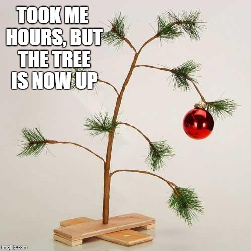 Christmas tree | TOOK ME HOURS,
BUT THE TREE IS NOW UP | image tagged in christmas tree | made w/ Imgflip meme maker