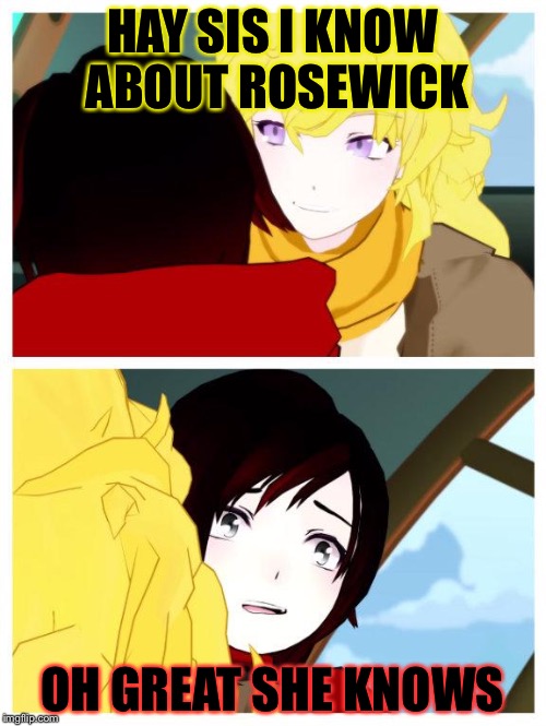 Hay I ship Rosewick so what if you do great if you don't I don't care. | HAY SIS I KNOW ABOUT ROSEWICK; OH GREAT SHE KNOWS | image tagged in rwby,memes,meme,ruby rose,funny memes,funny meme | made w/ Imgflip meme maker