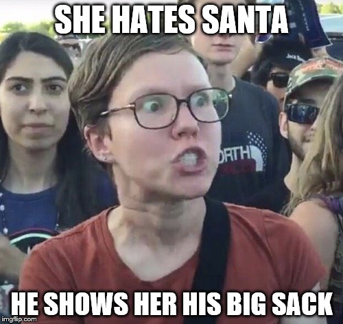 Triggered feminist | SHE HATES SANTA; HE SHOWS HER HIS BIG SACK | image tagged in triggered feminist | made w/ Imgflip meme maker