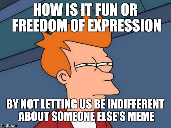 HOW IS IT FUN OR FREEDOM OF EXPRESSION BY NOT LETTING US BE INDIFFERENT ABOUT SOMEONE ELSE'S MEME | image tagged in memes,futurama fry | made w/ Imgflip meme maker