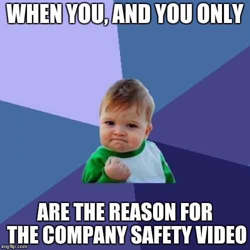 Success Kid Meme | WHEN YOU, AND YOU ONLY; ARE THE REASON FOR THE COMPANY SAFETY VIDEO | image tagged in memes,success kid | made w/ Imgflip meme maker