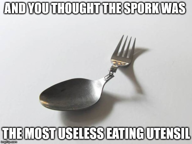 "Well, we can't come up with anything dumber than the spork."
"Here, hold my beer..." | AND YOU THOUGHT THE SPORK WAS; THE MOST USELESS EATING UTENSIL | image tagged in spoon,fork,useless inventions | made w/ Imgflip meme maker