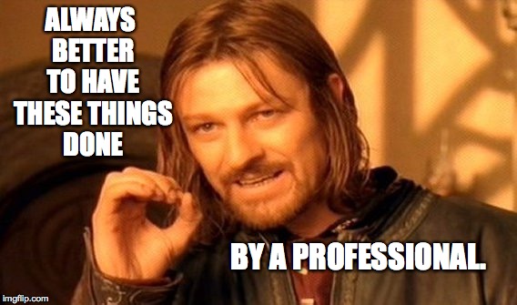 One Does Not Simply Meme | ALWAYS BETTER TO HAVE THESE THINGS DONE BY A PROFESSIONAL. | image tagged in memes,one does not simply | made w/ Imgflip meme maker