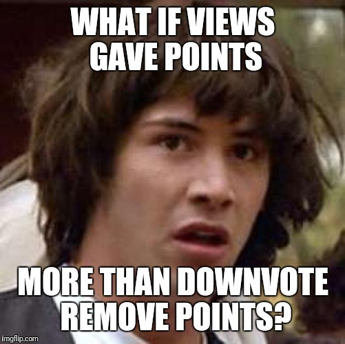Conspiracy Keanu Meme | WHAT IF VIEWS GAVE POINTS MORE THAN DOWNVOTE REMOVE POINTS? | image tagged in memes,conspiracy keanu | made w/ Imgflip meme maker