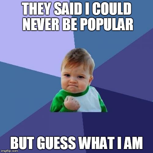 Success Kid | THEY SAID I COULD NEVER BE POPULAR; BUT GUESS WHAT I AM | image tagged in memes,success kid | made w/ Imgflip meme maker