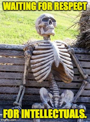 Waiting Skeleton Meme | WAITING FOR RESPECT FOR INTELLECTUALS. | image tagged in memes,waiting skeleton | made w/ Imgflip meme maker