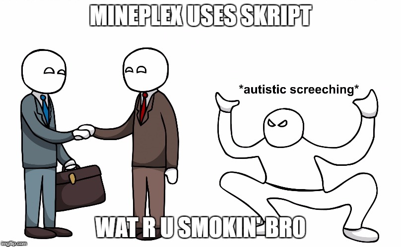 Autistic Screeching | MINEPLEX USES SKRIPT; WAT R U SMOKIN' BR0 | image tagged in autistic screeching | made w/ Imgflip meme maker