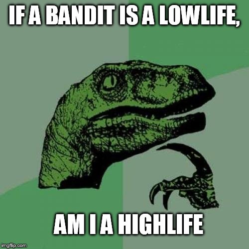 Philosoraptor Meme | IF A BANDIT IS A LOWLIFE, AM I A HIGHLIFE | image tagged in memes,philosoraptor | made w/ Imgflip meme maker