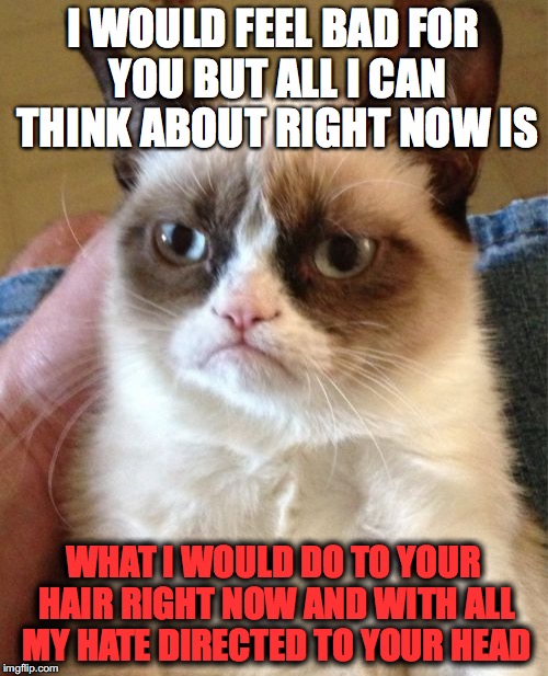 Grumpy Cat Meme | I WOULD FEEL BAD FOR YOU BUT ALL I CAN THINK ABOUT RIGHT NOW IS WHAT I WOULD DO TO YOUR HAIR RIGHT NOW AND WITH ALL MY HATE DIRECTED TO YOUR | image tagged in memes,grumpy cat | made w/ Imgflip meme maker