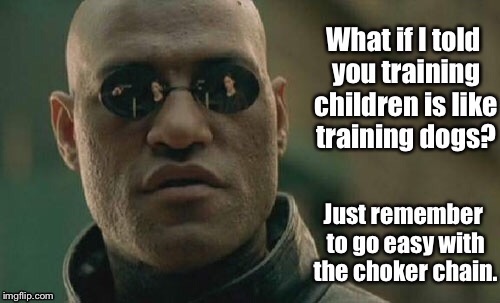 Family Life 101 | . | image tagged in memes,what if i told you,dogs,kids,training,choker chain | made w/ Imgflip meme maker