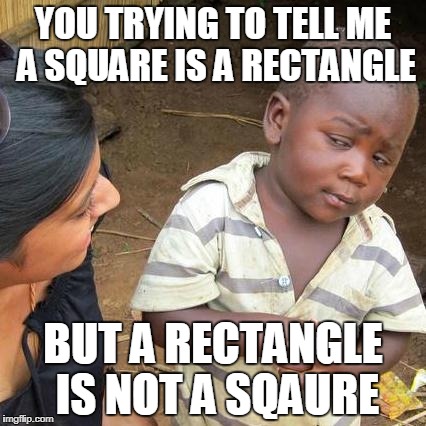 Third World Skeptical Kid | YOU TRYING TO TELL ME A SQUARE IS A RECTANGLE; BUT A RECTANGLE IS NOT A SQAURE | image tagged in memes,third world skeptical kid | made w/ Imgflip meme maker
