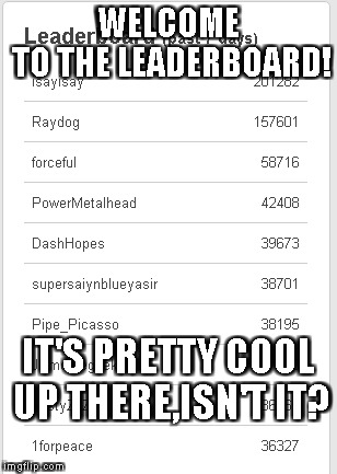 WELCOME TO THE LEADERBOARD! IT'S PRETTY COOL UP THERE,ISN'T IT? | made w/ Imgflip meme maker