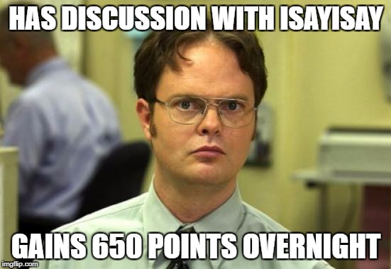 This is very suspicious | HAS DISCUSSION WITH ISAYISAY; GAINS 650 POINTS OVERNIGHT | image tagged in memes,dwight schrute,points,isayisay,suspicious | made w/ Imgflip meme maker