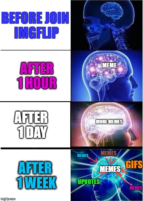 remembering the first time i join imgflip | BEFORE JOIN IMGFLIP; AFTER 1 HOUR; MEME; AFTER 1 DAY; MORE MEMES; MEMES; AFTER 1 WEEK; MEMES; GIFS; MEMES; UPVOTES; MEMES | image tagged in memes,expanding brain,imgflip | made w/ Imgflip meme maker