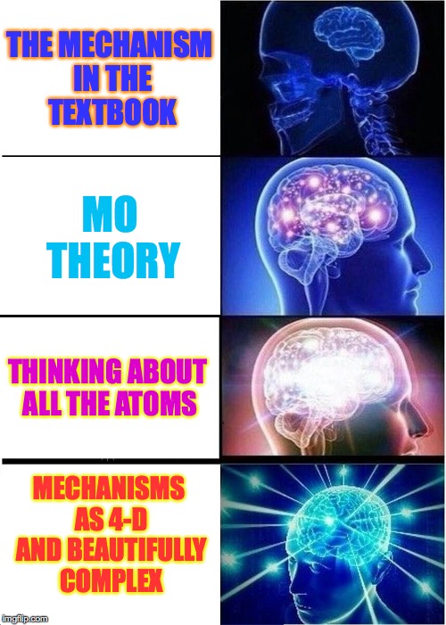 Expanding Brain Meme | THE MECHANISM IN THE TEXTBOOK MO THEORY THINKING ABOUT ALL THE ATOMS MECHANISMS AS 4-D AND BEAUTIFULLY COMPLEX | image tagged in memes,expanding brain | made w/ Imgflip meme maker