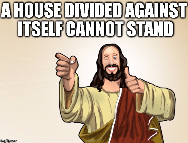 What the actual Jesus | A HOUSE DIVIDED AGAINST ITSELF CANNOT STAND | image tagged in buddy jesus | made w/ Imgflip meme maker