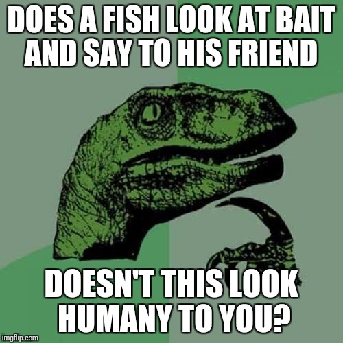 Philosoraptor Meme | DOES A FISH LOOK AT BAIT AND SAY TO HIS FRIEND; DOESN'T THIS LOOK HUMANY TO YOU? | image tagged in memes,philosoraptor | made w/ Imgflip meme maker