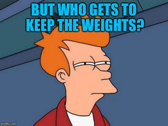 Futurama Fry Meme | BUT WHO GETS TO KEEP THE WEIGHTS? | image tagged in memes,futurama fry | made w/ Imgflip meme maker