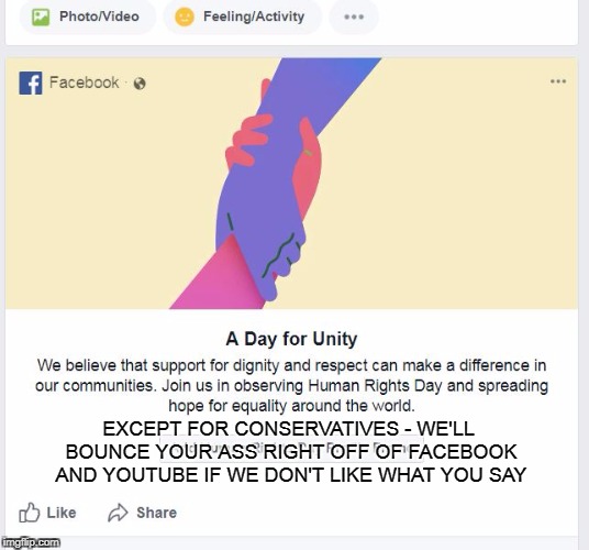 Human rights |  EXCEPT FOR CONSERVATIVES - WE'LL BOUNCE YOUR ASS RIGHT OFF OF FACEBOOK AND YOUTUBE IF WE DON'T LIKE WHAT YOU SAY | image tagged in dignity,human rights,respect,conservative | made w/ Imgflip meme maker