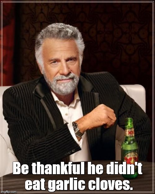 The Most Interesting Man In The World Meme | Be thankful he didn't eat garlic cloves. | image tagged in memes,the most interesting man in the world | made w/ Imgflip meme maker
