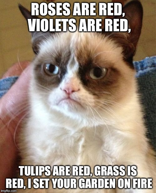 Grumpy Cat | ROSES ARE RED, VIOLETS ARE RED, TULIPS ARE RED, GRASS IS RED, I SET YOUR GARDEN ON FIRE | image tagged in memes,grumpy cat | made w/ Imgflip meme maker