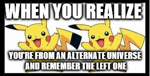 I'm from another universe and you may be, too. | WHEN YOU REALIZE; YOU'RE FROM AN ALTERNATE UNIVERSE AND REMEMBER THE LEFT ONE | image tagged in pikachu,so true memes | made w/ Imgflip meme maker